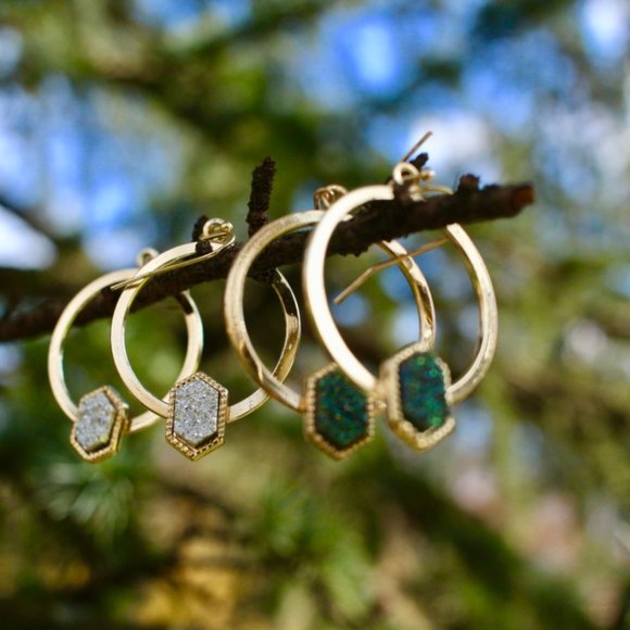 New Anthro Gold Druzy Sparkle Hoops Drop Earrings - Picture 11 of 12